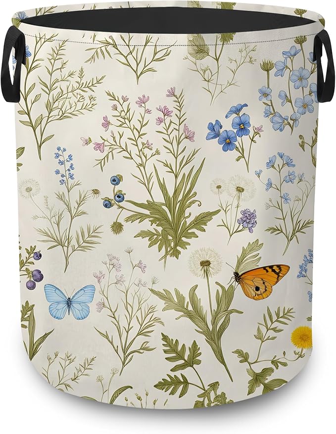 Wildflower Botanical Portable Laundry Hamper,Butterfly Flowers Collapsible Clothes Basket with Handles,Waterproof Oxford Cloth Organizer for Dorm Bedroom Bathroom Nursery,16 x 20 Inch