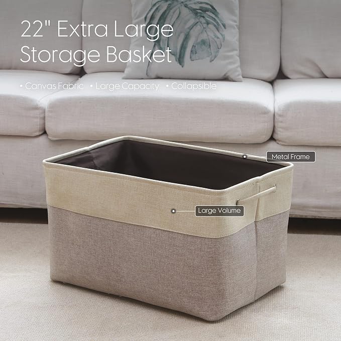 Sea Team Oversized Rectangle Canvas Open-Top Storage Baskets, 3-Pack | Collapsible Fabric Storage Bins with Handles, Closet Shelf Organizers, 22 x 15 x 13 Inches, Tan & Beige