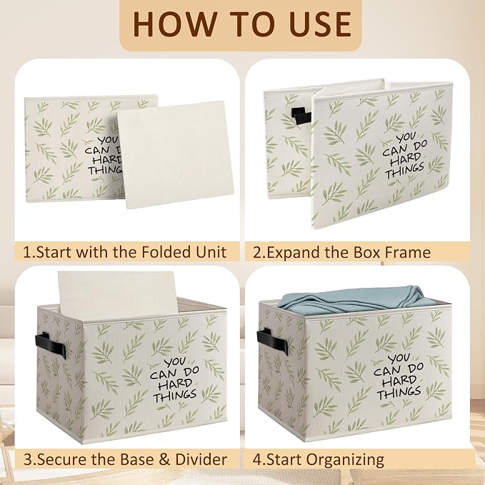 You Can Do Hard Things Inspirational Foldable Storage Bins Box with Handles, Green Leaves Decorative Storage Boxes Baskets Organizer for Home Office, Motivational Gifts for Women Men