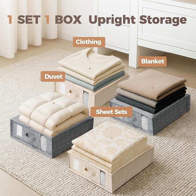 Sheet Organizers and Storage for Linen Closet, 6Pack Beige | 1200D Linen-Type Cloth, Fits King and Queen Sheet Sets, Clear Window and Label Slot, Foldable Dustproof Storage with Handle