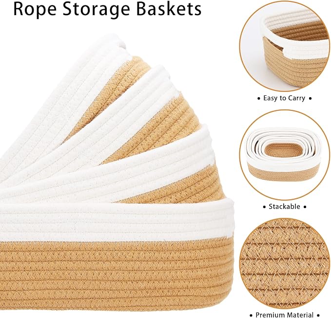 7 Piece Cotton Rope Woven Basket Set - Small Basket for Baby Nursery, Pets, Montessori, Dog & Cat Toy Boxes, Bathroom Organization Bins (White/Jute)