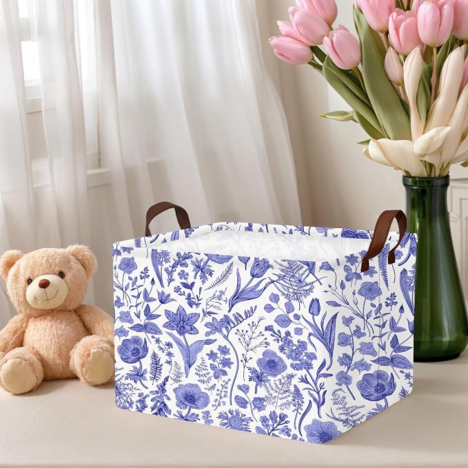 Chinoiserie Rectangle Storage Basket, Blue | Gift Basket Collapsible, Toy Bin, Nursery Playroom Bedroom Decor, Baby Child