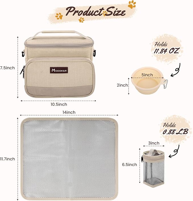 Modoker Compact Dog Travel Bag Set with 2 Bowls and Food Bags, 7.6L Beige | Under-Seat Pet Travel Organizer with 2 Food Bags, 2 Collapsible Bowls, Feeding Mat, Multiple Pockets and Adjustable Flap