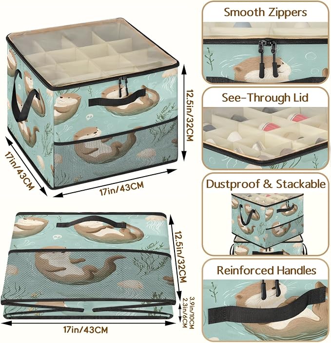TropicalLife Cute Floating Otters Shoe Organizer for Closet | Jellyfish Seaweed Foldable Shoe Storage Organizer Box Bin with Adjustable Dividers and Clear Cover, Fits up to 16-32 Pairs