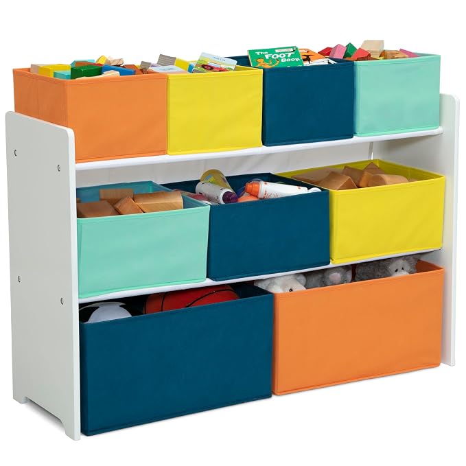 Delta Children Deluxe Multi-Bin Toy Organizer with Storage Bins - Greenguard Gold Certified, White with Navy/Green/Pastel Bins