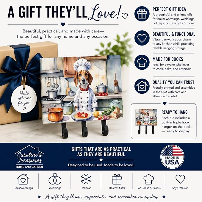 Caroline's Treasures English Foxhound The Chef Leash or Key Holder Wall Hooks, Key Hooks Holder, Coat Rack Wall Mount, Coat Hooks, Hooks for Hanging Keys, Towels, Aprons, Leashes | English Foxhound The Chef artwork on ceramic tile with three steel hook...