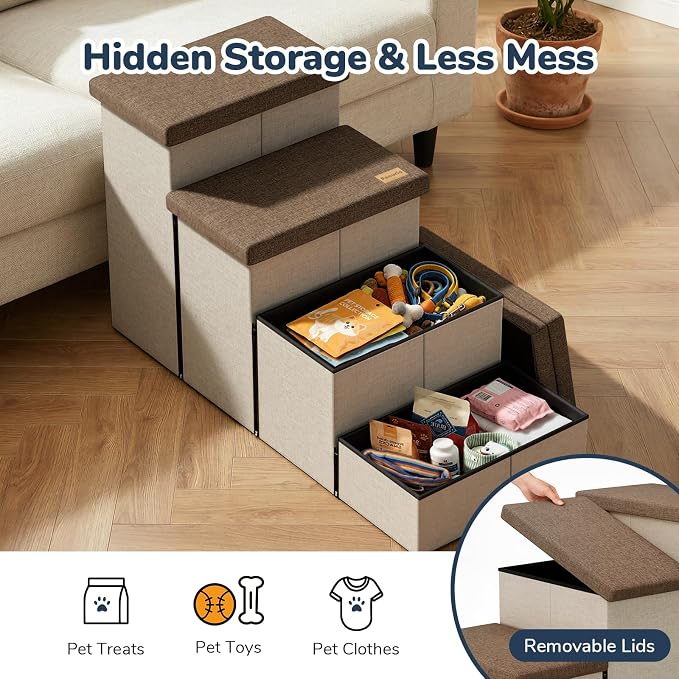 4-Step Wide Dog Stairs with Hidden Storage 23" H, Non-Slip Dog Steps for High Bed Couch Car, Jiont-Friendly Pet Stairs Ramp for Small/Medium/Large Old Dogs Cats Up to 220lbs, Beige&Coffee Lid