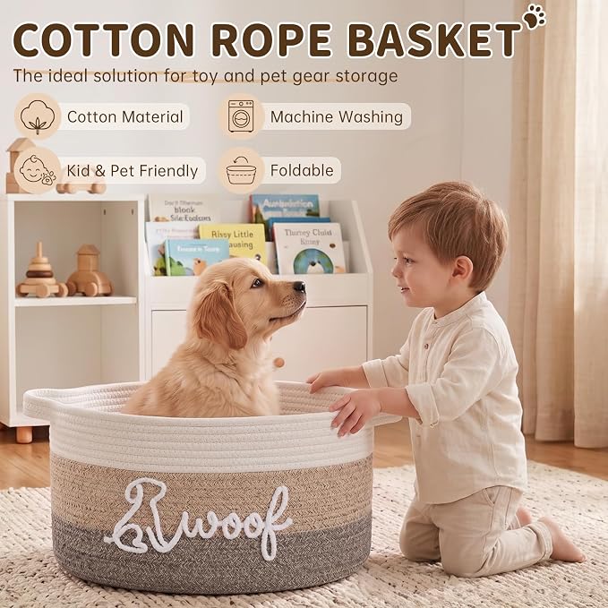 OIAHOMY 22L Large Dog Toy Basket, 16.5"x11.4"x9" Cotton Rope Basket with Cute Woof Embroidery, Soft Woven Pet Toy Box with Handles for Blankets, Leashes & Puppy Accessories, Decorative Organizer Brown