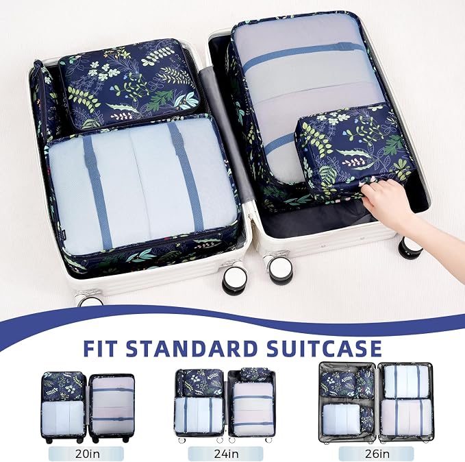 BAGAIL 8 Set Packing Cubes Luggage Packing Organizers for Travel Accessories-Navy Leaf