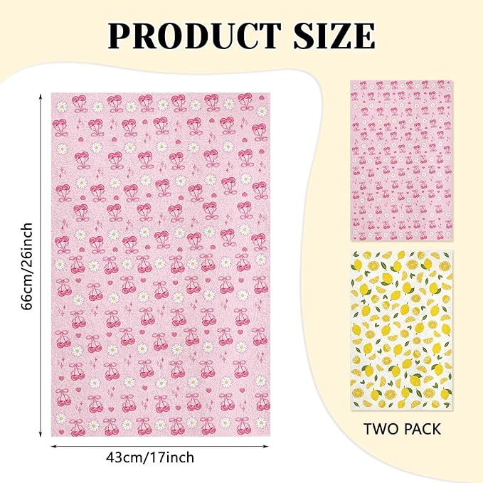 Lemon Kitchen Towels Set of 2 - Lemon Cherry Dish Towels for Kitchen Drying, Absorbent Dish Towels, Cute Fruit Kitchen Decor, Lemons Themed Gifts for Women, Summer Holiday Kitchen Accessories