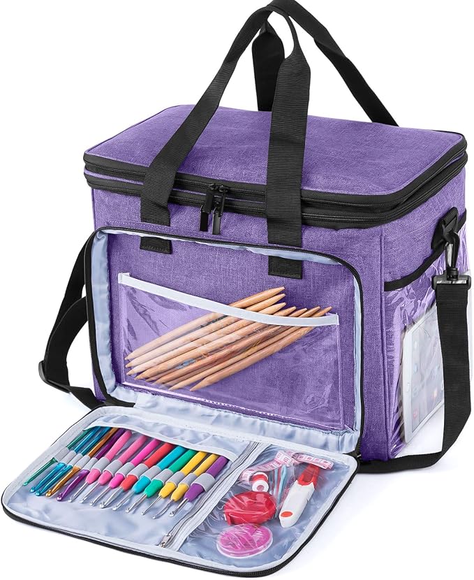 Teamoy Crochet Bag, Knitting Bag Yarn Storage Tote, Yarn Organizer, Purple | Yarn Holder for Crocheting, with Inner Divider and Cover, for Yarn Skeins, Project, Knitting Needles, and Crochet Supplies