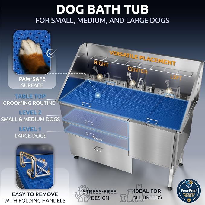 Professional Dog Washing Station 304 Stainless Steel Pet Wash Sink | Grooming Bathtub w/Shower, Floor Grates and Storage for Large, Medium & Small Pets (Silver, 61 Inches, Right Ramp, 1 Drawer)