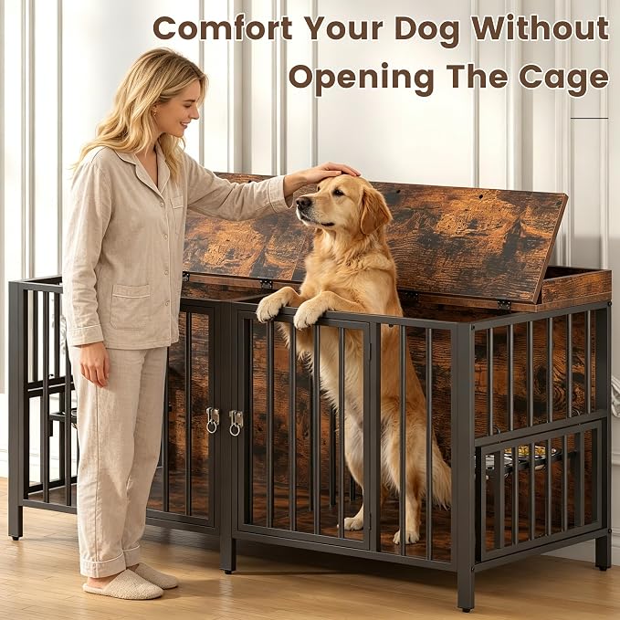 BOINN 63 Inch Dog Crate, Large Dog Crate for 2 Dogs, Dog Kennel Indoor for Medium/Small Dogs with Top Access Door, XL Wooden Dog Cage with 360 Degree Rotatable Stainless Bowls, Heavy Duty Steel Frame