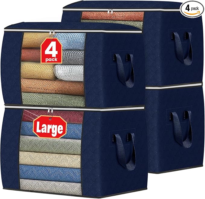 90L Clothes Storage, Foldable Thick Fabric Blanket Storage Bags | Foldable Containers with Zippers,Window and Handles for Organizing Bedroom, Closet, Comforter, Bedding,Dorm essentials