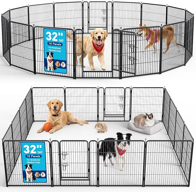 Metal Dog Playpen - 32" Height 16 Panels Foldable Exercise Pen for Dogs Indoor/Outdoor Pen with Door for Pet Animals Portable Pet Playpen Polygon Dog Enclosure (Black)