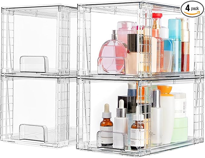 Vtopmart 4 Pack Large Stackable Storage Drawers, Clear | Easily Assemble Bathroom Closet Undersink Organizers and Storage Kitchen Cabinets,Pantry,Makeup,Medicine Organization