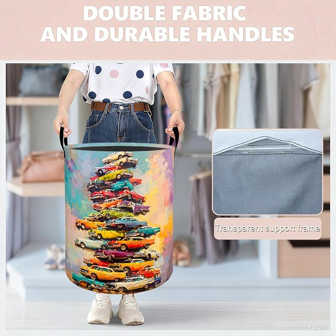 Classic Car Laundry Basket Hamper 19.7"x15.8", Organizer Bins Gifts for Kids Boys Girls, Colorful Classic Cars Foldable Waterproof Oxford Clothes Storage Bucket for Bedroom Bathroom Decor