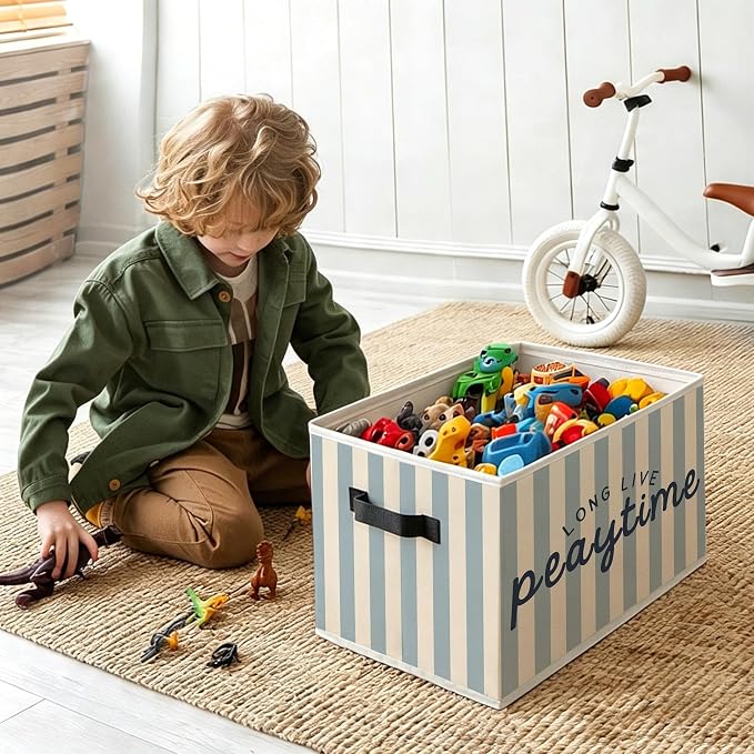 Playroom Foldable Storage Bins Box with Handles, Kids Playroom Decor, Blue Striped Long Live Playtime Decorative Storage Boxes Baskets Toybox Organizer for Kids Nursery Room Bedroom