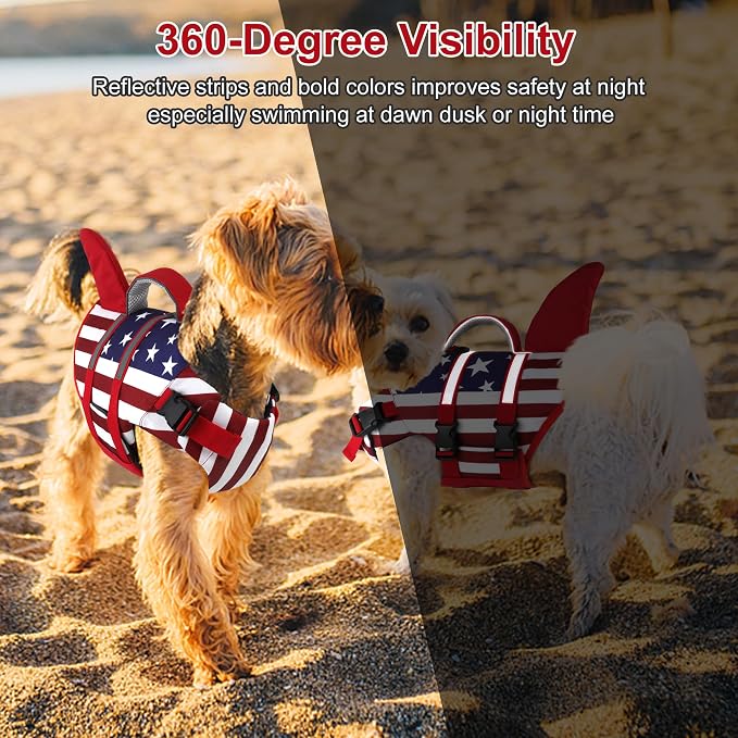 Dogcheer Dog Shark Life Jacket, Dog Harness Life Vest - US Flag,XS | High Buoyancy American Flag Puppy Swim Vest for Swimming Boating, Reflective Dog Float Vest DFD for Small Medium Large Dogs