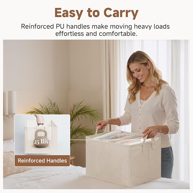 StorageWorks Closet Storage Bins, Khaki and Beige Stripes, 45L, 2-Pack | Extra Large, with Reinforced Handles, Metal Frame, Collapsible, Basket for Shelves, Closet, Holds Clothes, Towels, Blankets