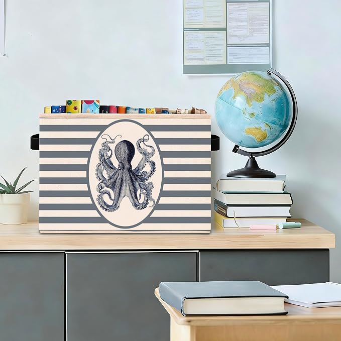Octopus Storage Bin, Nautical Ocean Blue Stripe Fabric Basket | Foldable octopus fabric organizer for nursery, bedroom, playroom, toys, books, and clothes