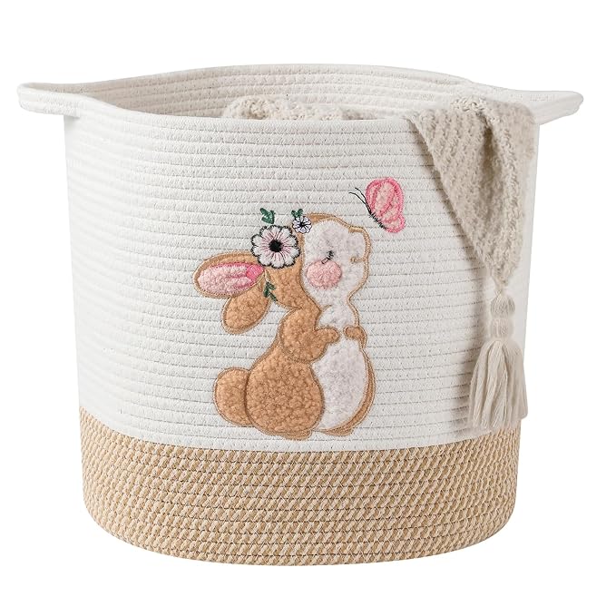 Large Blanket Baskets for Living Room, Bunny Baskets Toy Storage Basket Woven Cotton Rope Basket for Kids, Toys Organizer Clothes Hamper with Embroidery, Laundry Hamper Nursery Decor ( Large )