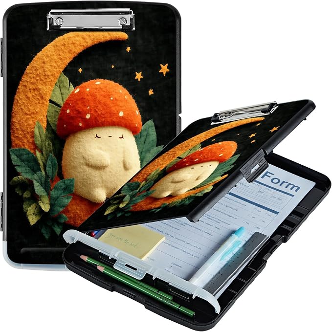 A4 Clipboard with Storage Pen Holder, Clipboards Organizer Nursing Clipboard Foldable File Folder Plastic Clipboard Folio Clip Board for Office Work Classroom Doctor, Orange Moon Mushroom