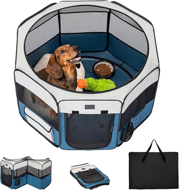 PETSFIT Portable Dog Playpen 36", Removable Waterproof Mat, Zippered Roof | 3-Second Setup, Collapsible Storage, RV Camping Travel, Indoor Outdoor Use, Medium Dogs and Cats, 36"L x 36"W x 21"H