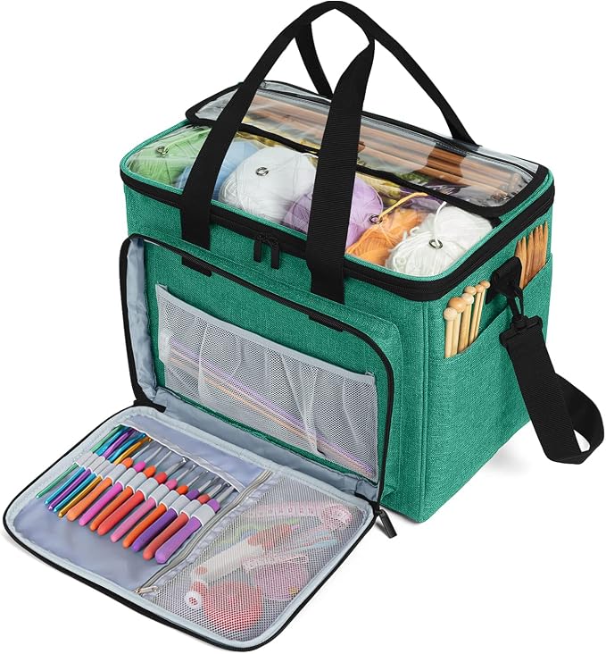 Teamoy Knitting Bag, Yarn Storage Organizer Crochet Bag Tote, Green | Yarn Holder with Inner Divider(Sewn to Bottom) for Crochet Hook, Knitting Needles(Up to 14"), Project and Crocheting Supplies