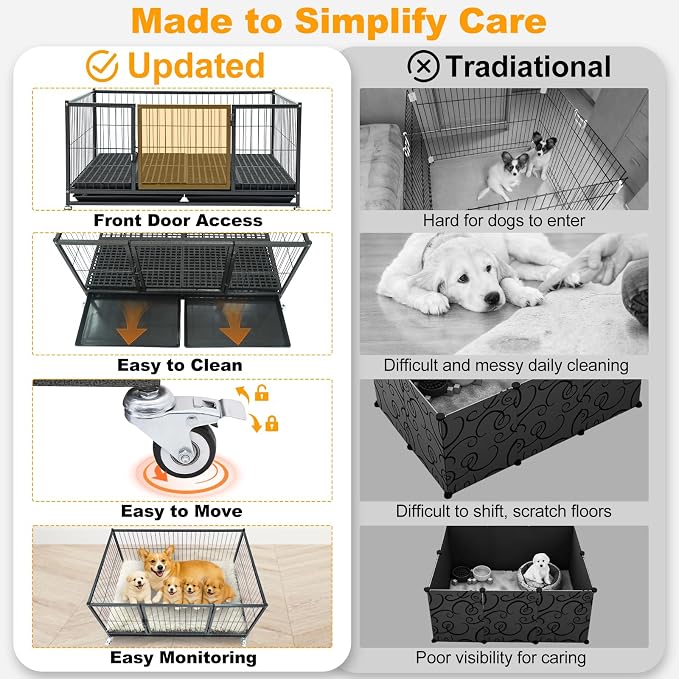 Homey Pet 43" Heavy Duty Whelping Box for Dogs and Puppies, 6 Pack | Heavy Duty Dog Whelping Box with Front Door, Top Open, 4 Wheels, Removable Tray | Airflow & 360° View | Easy- Move & Clean