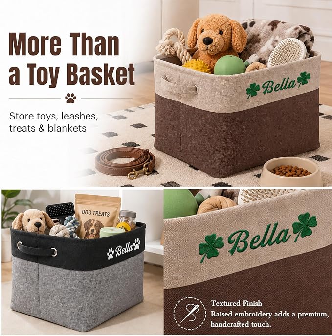 Personalized Dog Toy Storage Basket Bin with Embroidered Name | Customize a pet name and mirrored pet icons on a foldable fabric organizer for toys, leashes, blankets and pet supplies