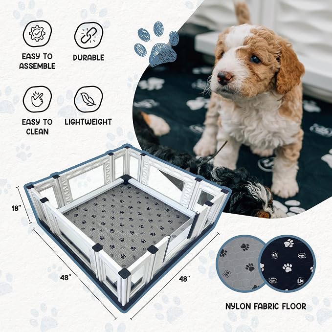 EZclassic Windowed Dog Whelping Box with Rails, Large 48"x48"x18" | Padded puppy whelping supplies with black pad, comfortable for mother and puppies, easy cleanup