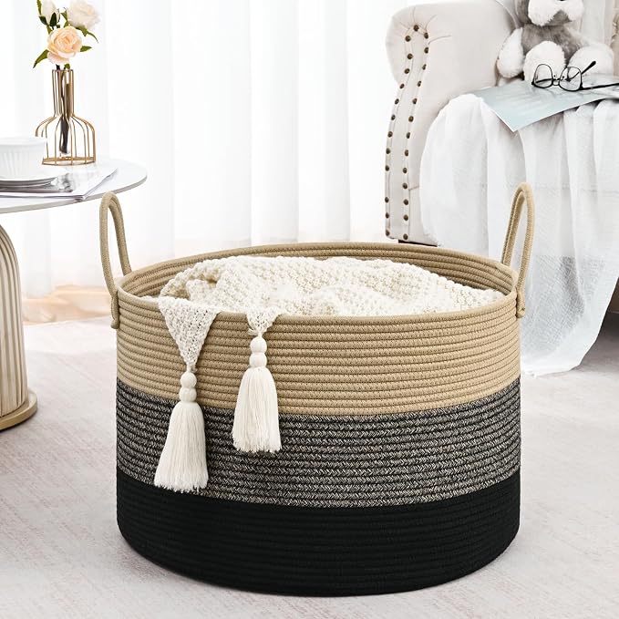 67L Large Woven Blanket Basket, Cotton Rope Baby Laundry Hamper with Handles, Kids Toy Basket for Classroom & Nursery, Soft Round Stuffed Animal Storage, Dog Toy Bin - 20"x13", Black & Brown