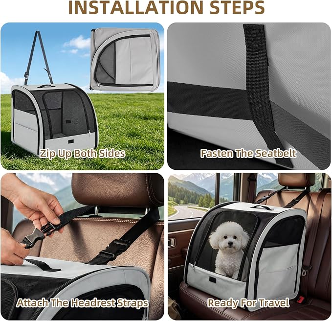 Dog Car Seat for Small Medium Dogs & Cats, Soft-Sided, Gray | Collapsible Pet Travel Carrier, Breathable Mesh, Car Kennel Secured with Seatbelt, Washable Pad, Enclosed Backseat Dog Crate
