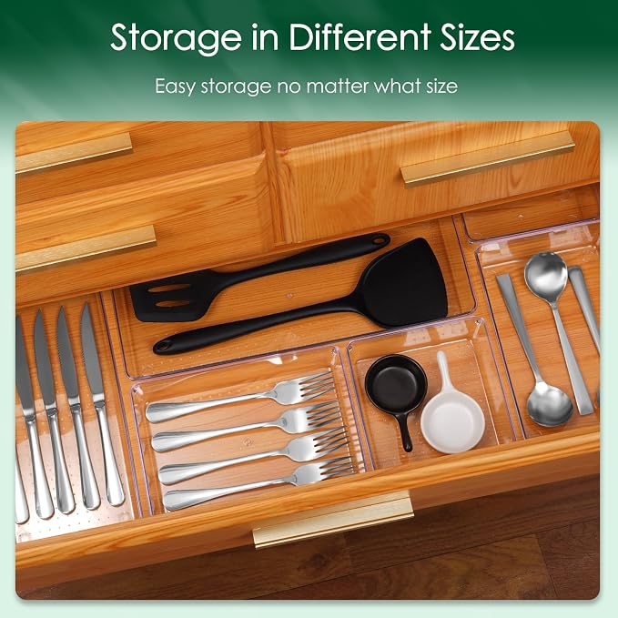 Drawer Organizer Set, Acrylic Non Slip Non Cracking Kitchen Drawer Storage Tray Large Size Divider, Multifunctional Storage for Cosmetics, Bathroom, Tools, Kitchen and Office (8 PACK)