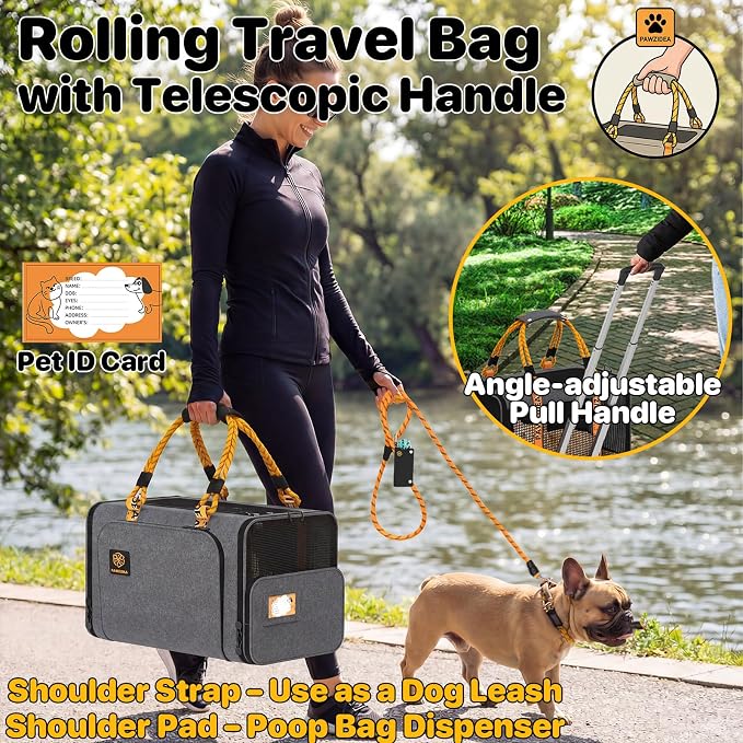 PAWZIDEA Expandable Pet Carrier with Wheels, TSA Airline Approved, Up 18lbs | 18x11x11 Underseat, Rolling Soft-Sided Carrier for Large Cats & Small Dog Travel Bag, Self-Locking Zippers, Telescopic Handle