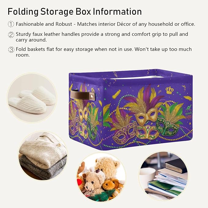 Mardi Gras Purple Storage Basket with Waterproof Liner and PU Handles Masquerade Mask Fleur de Lis Storage Bins Boxes 14.2" Collapsible Decorative Organizer Baskets for Bedroom Closet Office 2 Pack