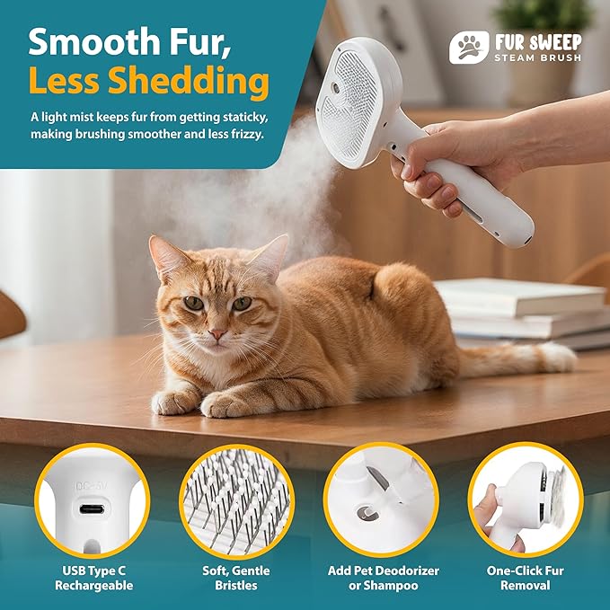 Fur Sweep Steam Brush For Dogs Comb for Grooming Cat Brush For Shedding, Self Cleaning Deshedding Tool, Anti Static Mist, Rechargeable, Slicker Comb for Long and Short Haired Pets, Gentle Fur Remover