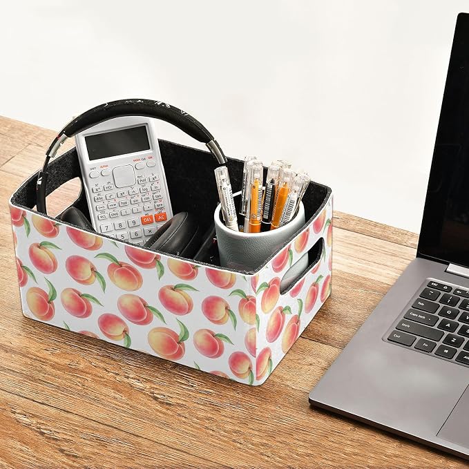 Emelivor Pink Peaches White Storage Basket Bins Set (2pcs) Felt Foldable Storage Bins with Handles Closet Storage Bin for Organizer, Closet, Shelves, Office