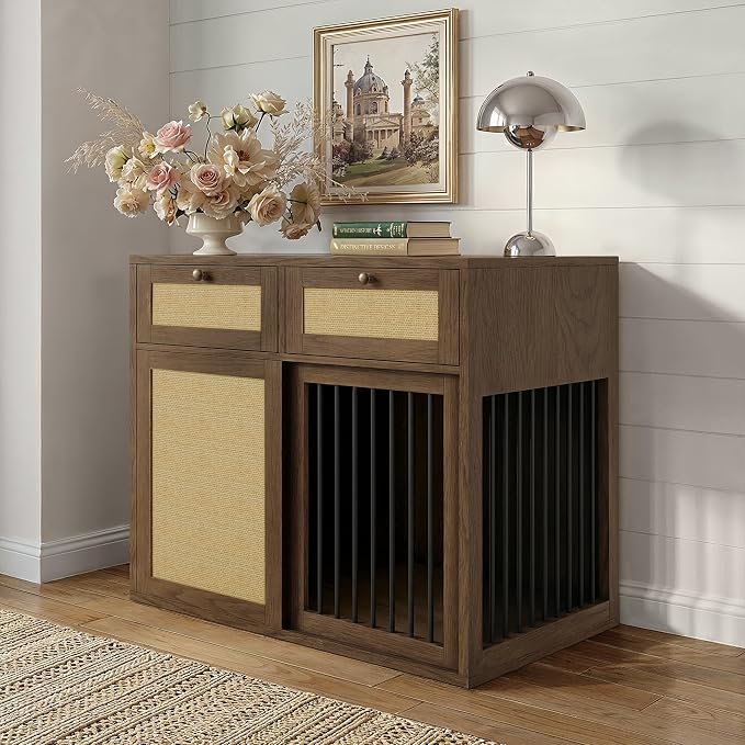 PureCozy Wooden Dog Crate Furniture, Right Unit, 40 Inch, Dark Oak | Cane cabinet and metal sliding door with 2 storage drawers; furniture-style indoor kennel doubles as an end table.