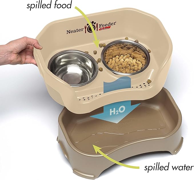Neater Feeder Deluxe Mess-Proof Elevated Dog Bowls for Medium Dogs (19–40 lbs), 2 Height Adjustable (10” & 12.5”) No-Spill Raised Dog Bowl Stand w/Slow Feed Bowl for Food, Made in USA, Cappuccino