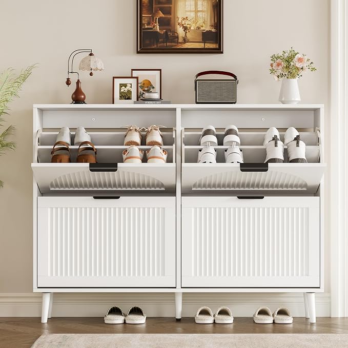 BORNOON Shoe Cabinet for Entryway with 4 Flip Drawers, Slim Wooden Shoe Storage Organizer with Modern Fluted Pannel，Freestanding Narrow Hidden Shoe Rack for Hallway, Foyer, Living Room