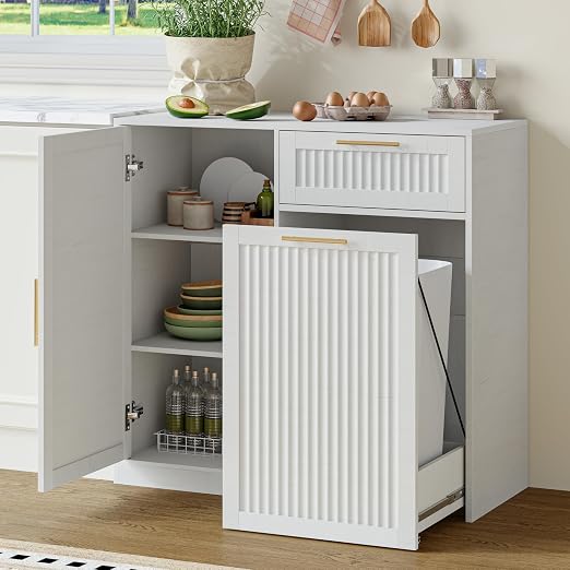 Single 13 Gallon Pull Out Trash Can Cabinet with Storage Cabinet,White | Pet Proof Hidden Garbage Can Cabinet,3-Tier Shelves,Fluted Design,Extra Drawer Space,Kitchen & Dining Room Organization