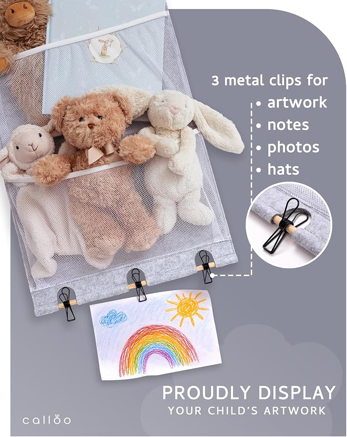 Over the Door Stuffed Animal Storage for Kids – Felt Organizer with Clips to Display Art and Mesh Pockets for Stuffies, Books and More – Space-Saving Hanging Design that Grows with your Child