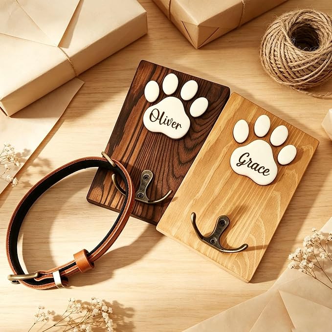 Personalised Wooden Dog Lead Hanger Handmade Wood Hook Gift For Pet Lovers | Wooden Dog Leash Holder Size 14x9cm, Functional Dog Lead Hook with Unique Wooden Paw Hook for Pet Leashes Custom