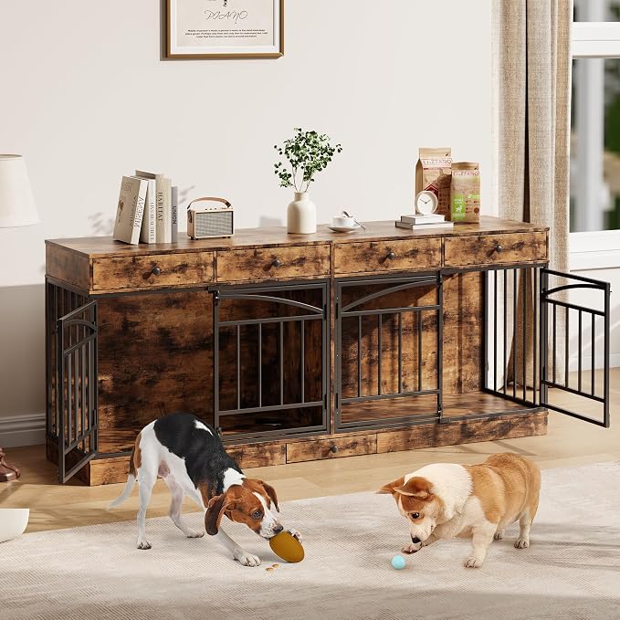IDEALHOUSE 78.7" Double Dog Crate Furniture with Storage and 4 Doors, Brown | Dog Kennel Indoor with Feeding Bowls, Wood Dog Crate TV Stand for Small Medium Dogs