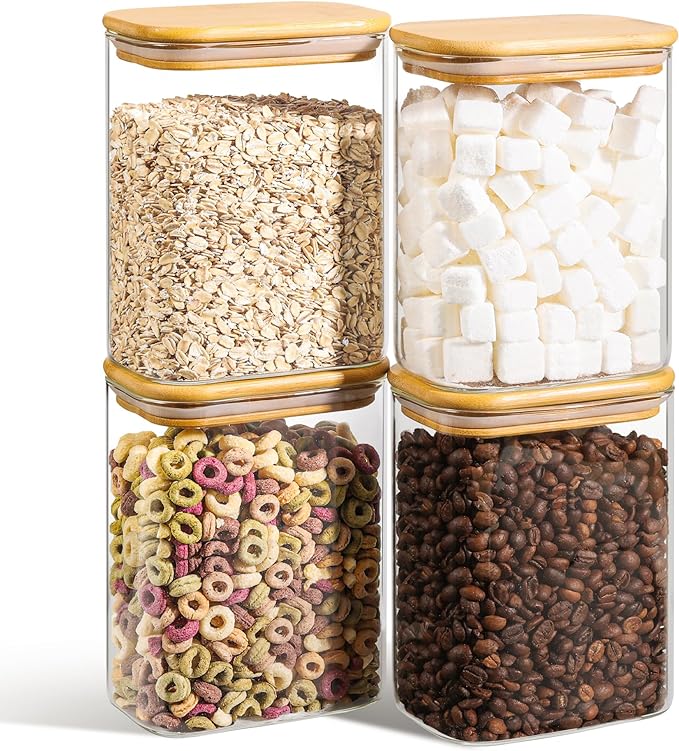 ComSaf Glass Storage Containers with Lids 1.2 Qt, Set of 4 Food Storage Jar | Glass Pantry Storage Containers, Rectangle Kitchen Canisters, Bamboo Lid with Silicone Seal, Cereal, Flour, Spice, BPA Free