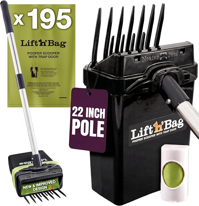 Neater Pet Brands Lift N’ Bag 2.0 Dog Pooper Scooper with Bag Attachment & 22" Pole for Small to Large Dogs, New & Improved Design, 195 Refill Bags, Heavy Duty Dog Poop Scooper for Yard, One-Hand Use