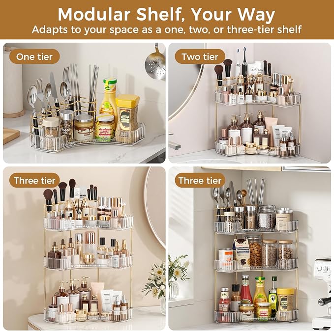 BEFSOP Corner Bathroom Counter Organizer, Upgraded 3-Tier Makeup Organizer Countertop with Makeup Brush Holder, Skincare Exquisite Vanity Organizers Countertop Bathroom Storage Dresser(CLEAR)