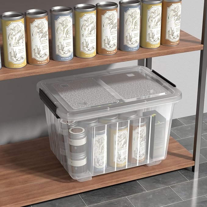 30 L Plastic Storage Bins with Wheels, Clear Latching Box, 4-Pack | with Dustproof Lid and Secure Latches, Rounded Corners Design